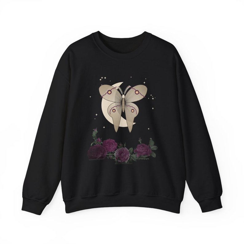 Moth & Moon Gothic Floral Crewneck: Luna moth, crescent and plum roses