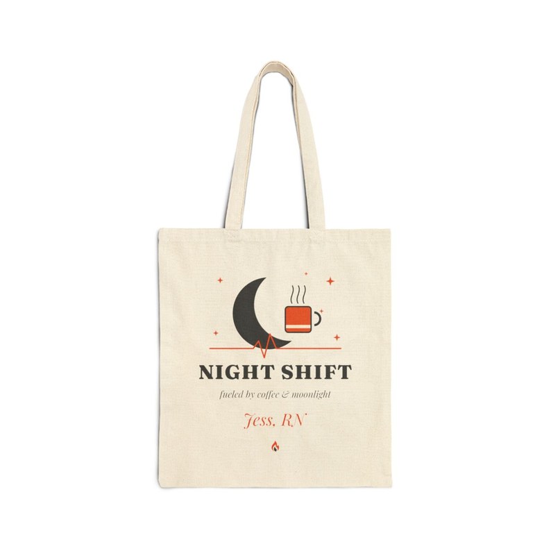 Personalized Night Shift Nurse Tote: 15″ × 16″ cotton canvas, your name + credential