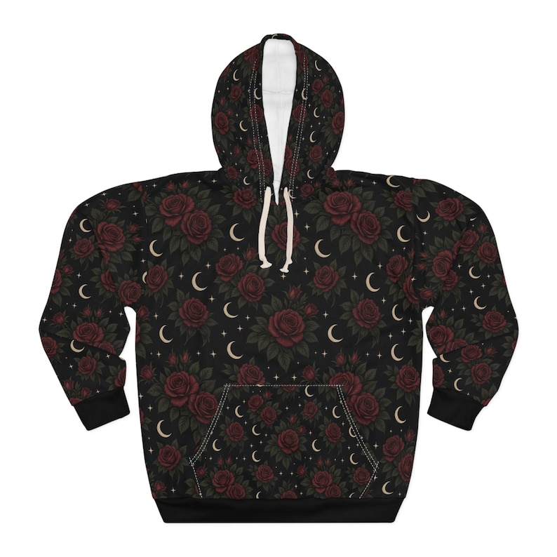 Nightbloom Hoodie: black pullover with an all-over rose and moon print